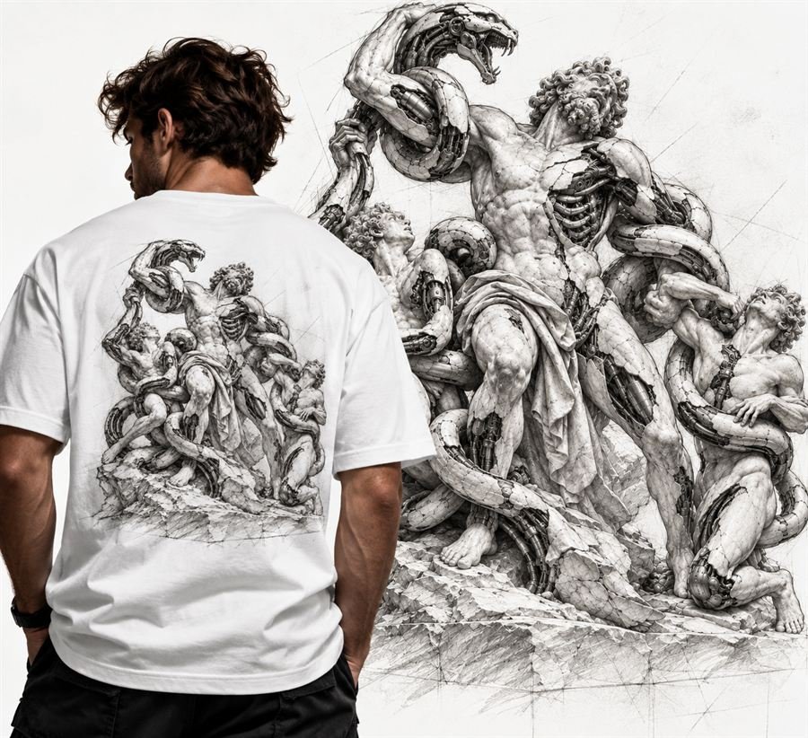 Modelo de espaldas con una camiseta blanca oversize con el Laocoonte biomecánico dibujado a lápiz